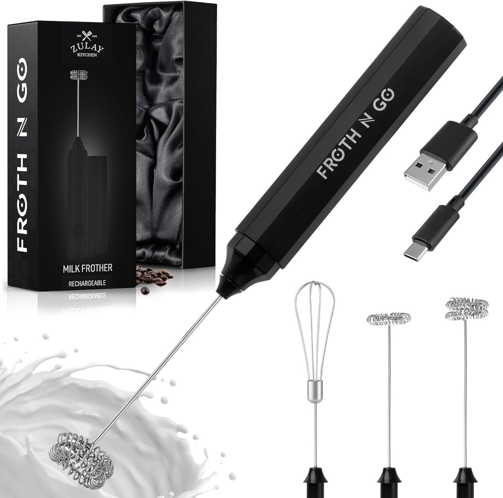 Zulay Froth N Go Milk Frother – Rechargeable 3-in-1 Handheld Frother Wand with Travel Case & USB-C Charger – Single, Double & Egg Whisk for Latte, Cappuccino, Matcha, Protein Shakes – Black