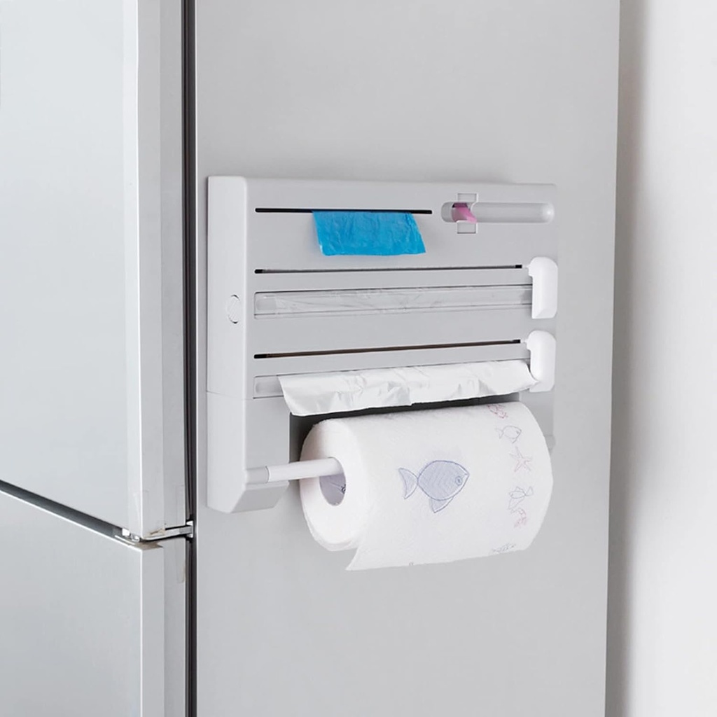 6 In 1 Plastic Wrap Organizer With Cutter,Food Dispensers Wall Mounted Non-porous Plastic Packaging Cutting Machine Suitable For Food, Fruit And Vegetable Packaging In Kitchens,supermarkets,restaurant