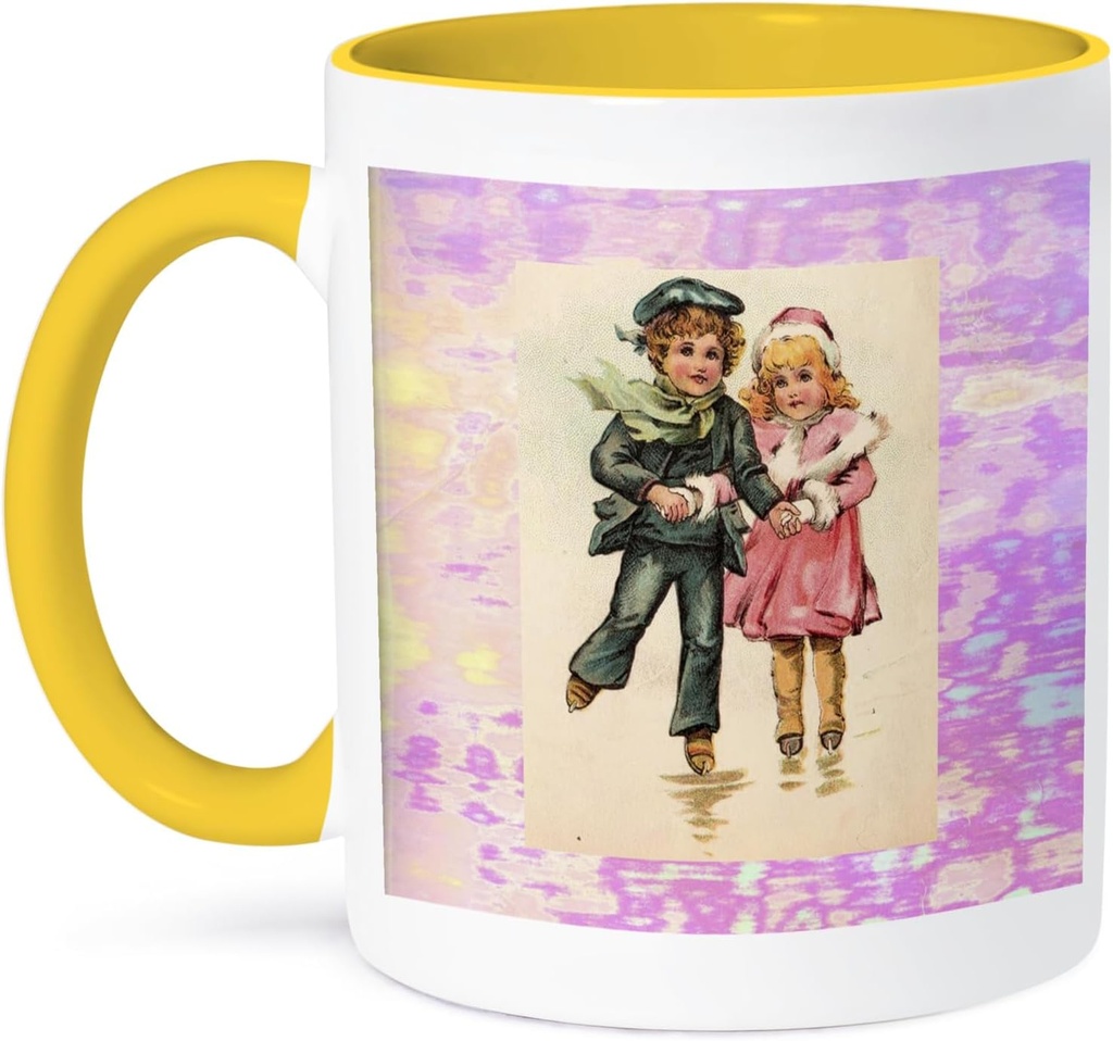 3dRose Victorian Children Ice Skating 15oz Two-Tone Yellow Mug