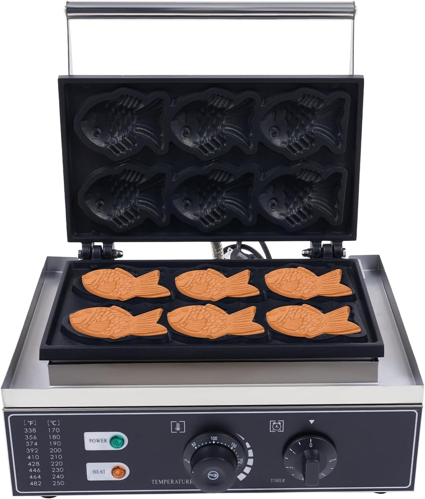 Electric Taiyaki Fish Waffle Machine, 1550W Commercial Fish Waffle Maker, 6 Pcs Nonstick Fish-Shaped Waffle Iron Pan w/Time and Temperature Control, Stainless Steel Waffle Iron Baker, Silver