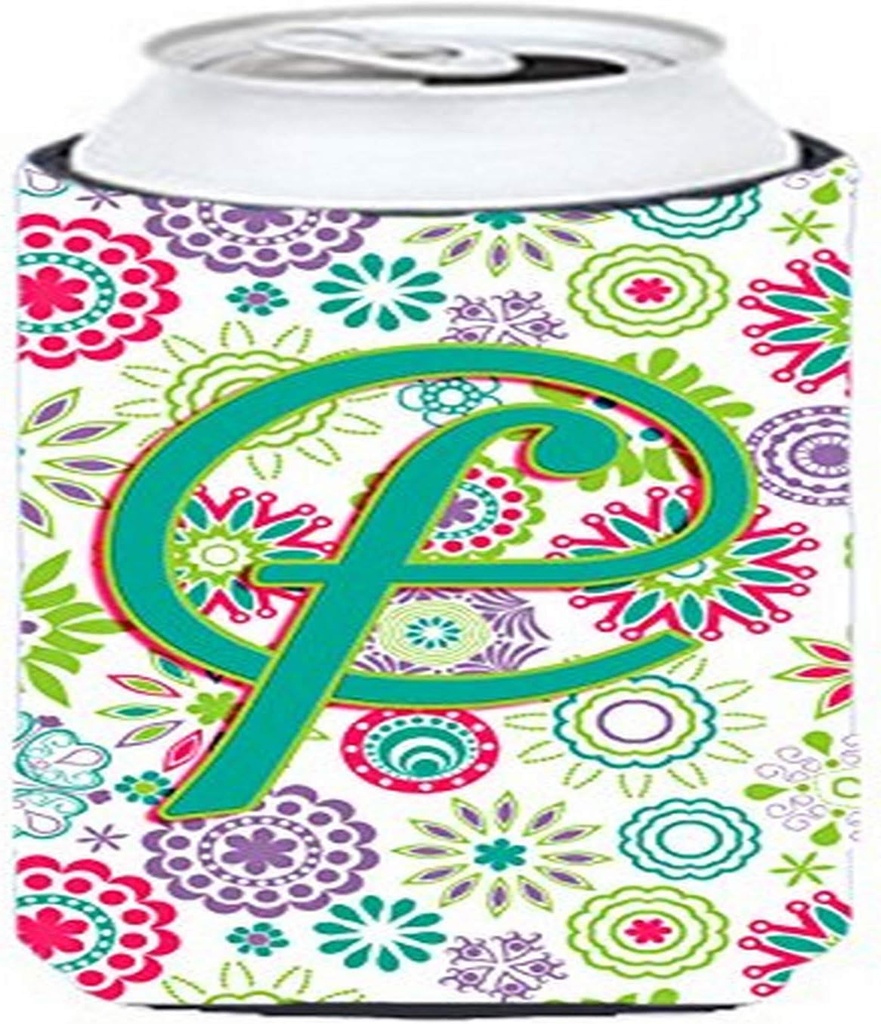 Caroline's Treasures CJ2011-FTBC Letter F Flowers Pink Teal Green Initial Tall Boy Hugger Can Cooler Sleeve Hugger Machine Washable Drink Sleeve Hugger Collapsible Insulator Beverage Insulated Holder
