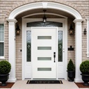 Modern White Exterior Fiberglass Entry Front Door with 4 Frosted Glass Panels with Complete Frame & Hardware Left Inswing