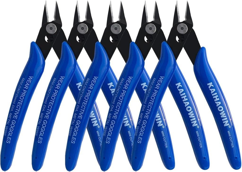 KAIHAOWIN Micro Wire Cutters with Spring, 5 Pack, 5 inch Precision Mini Flush Cutters Bulk, Nippers, Flush Cutting Pliers, Wire Snips, Small Side Cutters for Electronics Crafts Jewelry-Blue