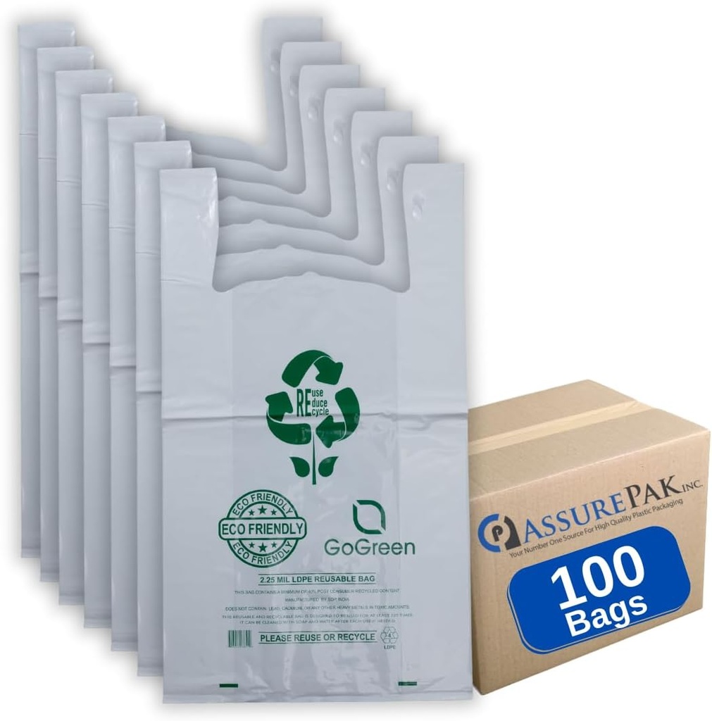 ASSUREPAK White Reusable/Eco-Friendly LDPE T-Shirt - Jumbo 17"x8"x29" - 100 Bags - 57 Micron (2.25 mil) - White - WHLD40REC225REUSE1729