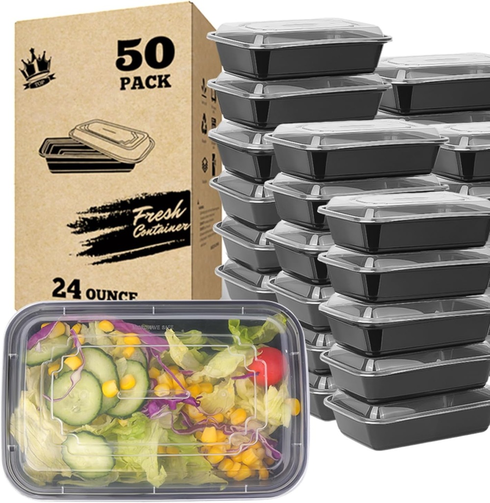 50-Pack 24 Oz Meal Prep Containers With Lids, to Go Food Containers BPA Free, Stackable, Leak Resistant, Bento Box, Microwave, Dishwasher, Freezer Safe