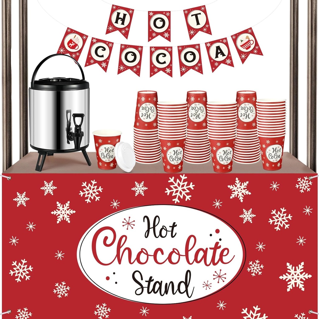 Sliner Hot Cocoa Stand Supplies Kit Include 1.3 Gallon Hot Chocolate Beverage Drink Dispenser with Spigot, Banner, Tablecloth, 100 Disposable Paper Cups with Lids(Red)