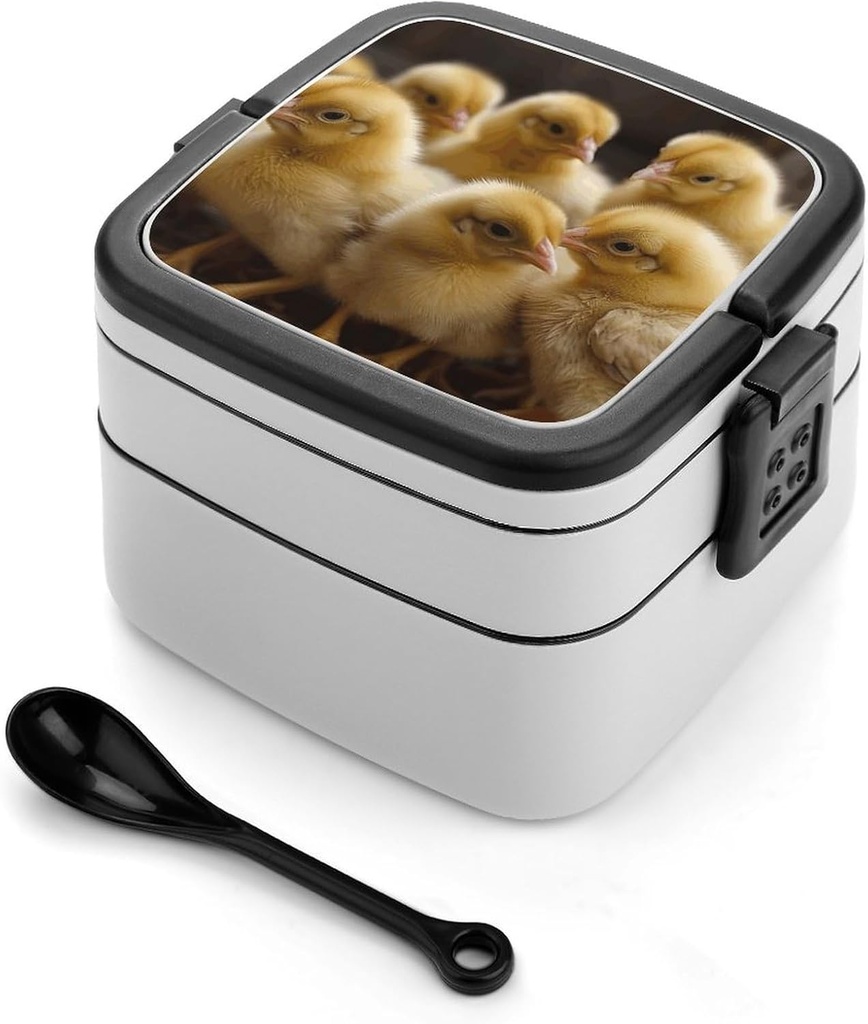 Little Chickens Bento Box Adult Lunch Box Containers with Spoons Double Layered Lunch Containers Portable Lunch Boxes Food Container for Work Picnic Travel