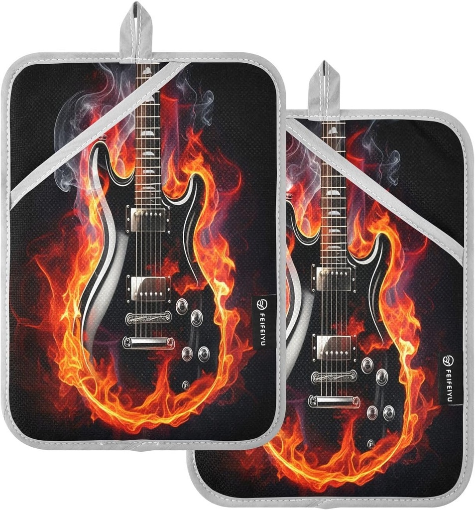 Pot Holders Set of 2 Black Electric Guitar Hot Pads for Kitchen Heat Resistant Potholders Sets for Kitchen and Baking 7x9.8in