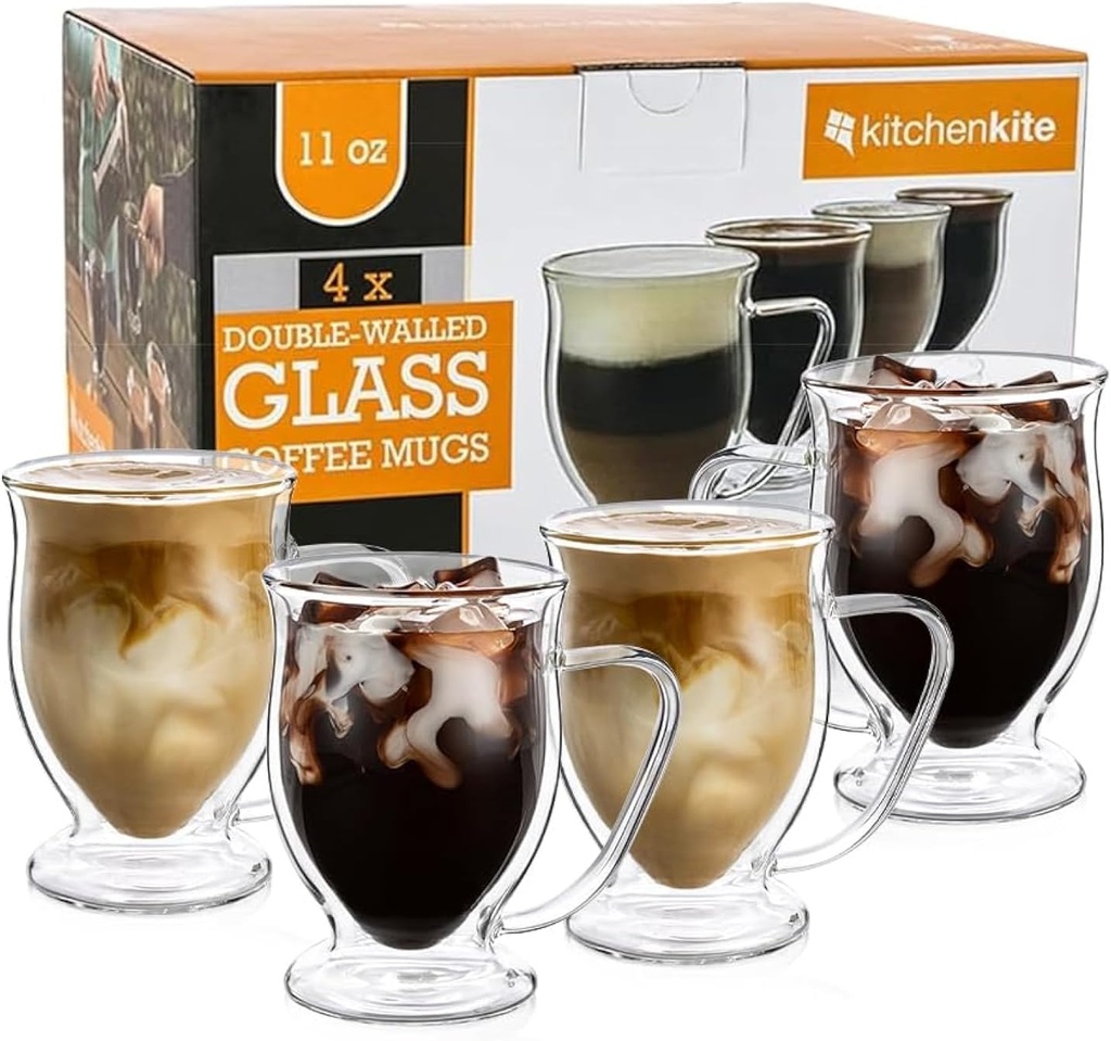 Double Wall Glass Coffee Mugs - 11oz Dishwasher & Microwave Safe Clear Mugs Set of 4 - Insulated Design, Ideal as Cups for Tea, Latte, Cappuccino, Nespresso, Hot & Cold Beverages