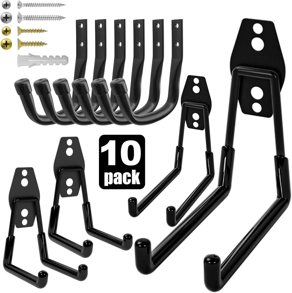 10 Pack Garage Hooks, Bike Hooks for Garage, Garage Hooks Heavy Duty, Utility J Hooks for Hanging Ladders, Bikes, Garden Tools, Hose, with Anti-Slip Coating (Black*10)