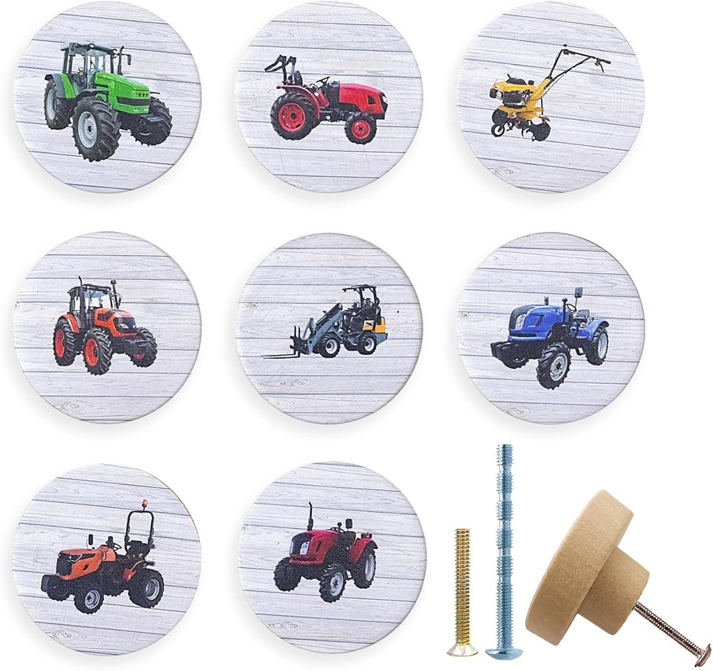 8 Pack Wooden Farm Tractor Themed Cabinet Drawer Knobs 1-4/5inch Unique Cute Round Furniture Dresser Drawer Handles and Pulls