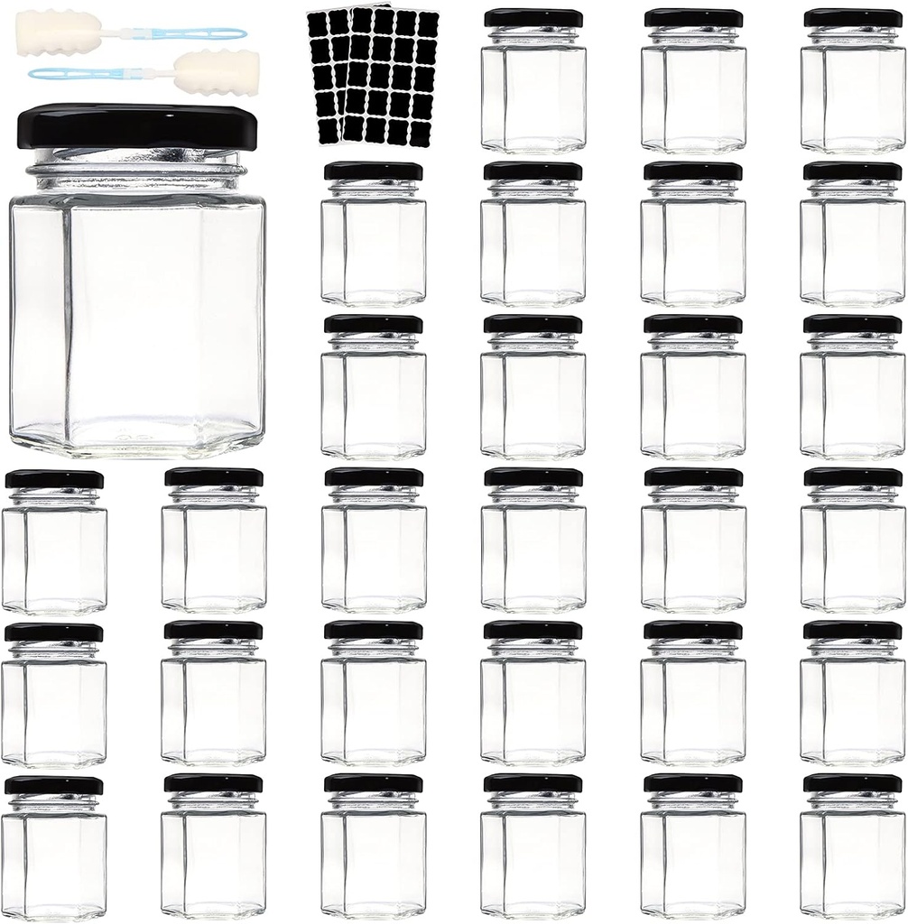 3 OZ Mini Hexagon Glass Jars, 30 Pack Empty Honey Jars Small Spice Jars with Black Lids, Sponge Brushes and 40pcs Labels for Jam, Homemade Projects, Gifts, Wedding Party Favors