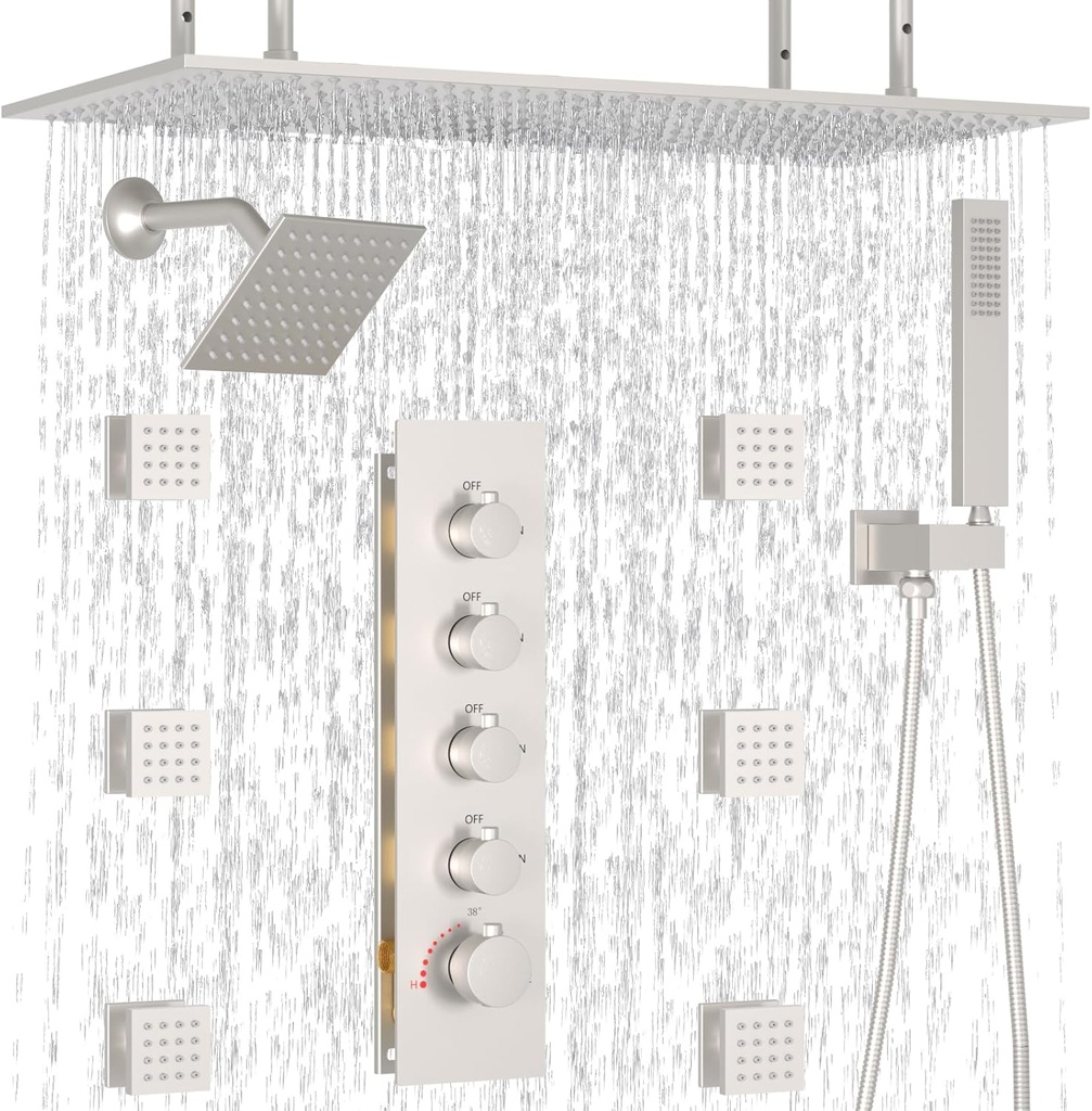 HOMEDEC Full Body Shower System with Dual Shower Heads, 6pcs Body Jets with 15.7x31.5" Rainfall and 6" Showerheads, Brushed Nickel