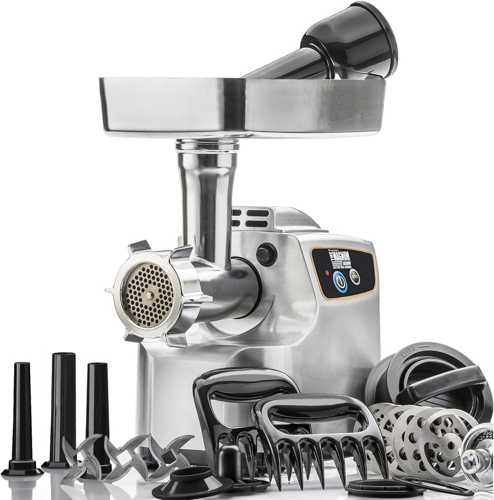 STX International Magnum 1800W Electric Meat Grinder | Grinds Soft Bones | High-Capacity Meat Tray | 6 Grinding Plates | 3 Stainless Steel Blades | Sausage Stuffer | Kubbe Maker & More Included