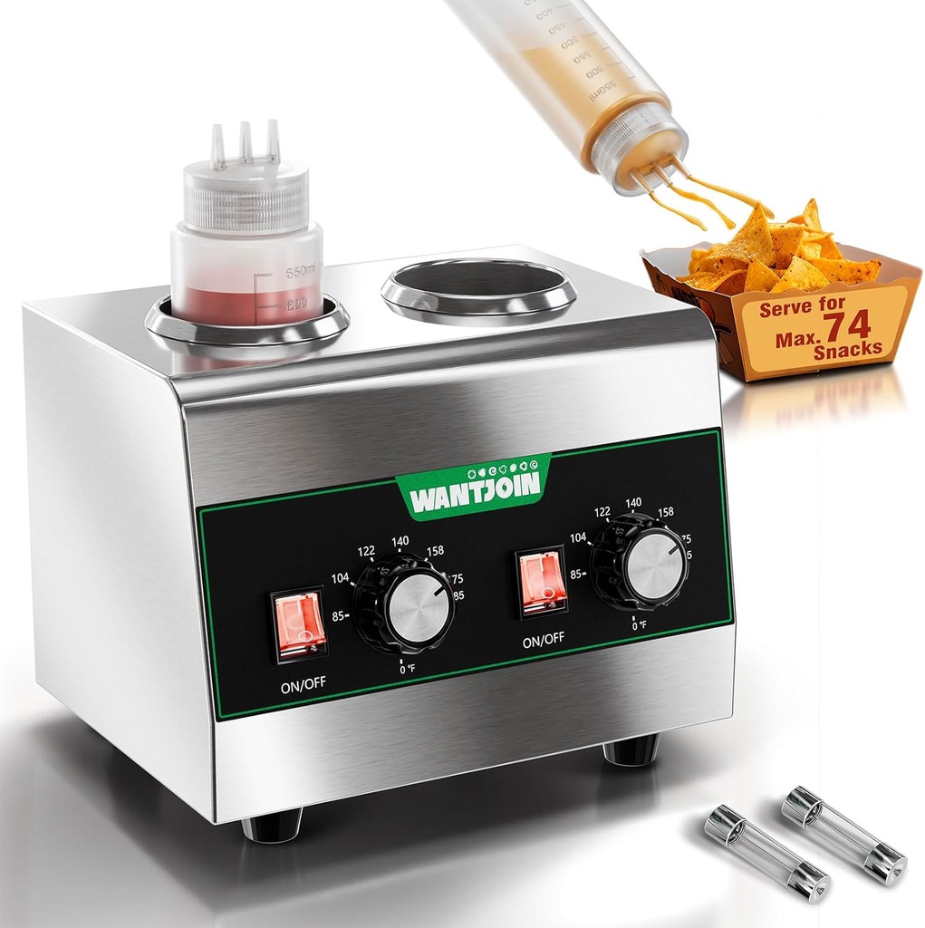 WantJoin Electric Sauce Warmer Dispenser Countertop Stainless Steel Sauce Heat Preservation Machine 320W Hot Fudge Nacho Cheese Ketchup Chocolate Warmer for Commercial with 650ml Squeeze Bottle*2