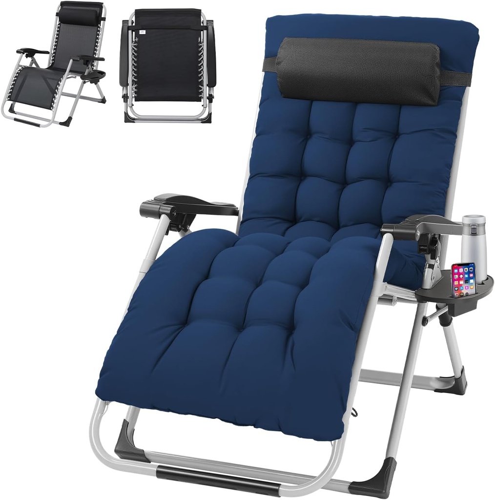 VINGLI 29" Padded Zero Gravity Chair, Lounge Chair with Removable Cushion & Tray， Folding Reclining Patio Chairs， Recliner Chair for Lawn，Indoor Outdoor-Blue