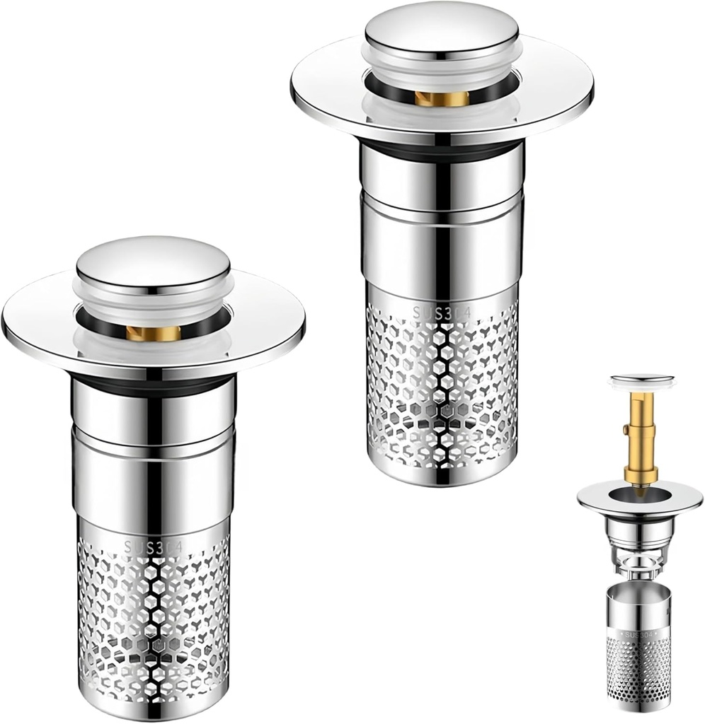 Bathroom Sink Drain Strainer, Stainless Steel Pop-Up Stopper with Hair Catcher, Easy Installation