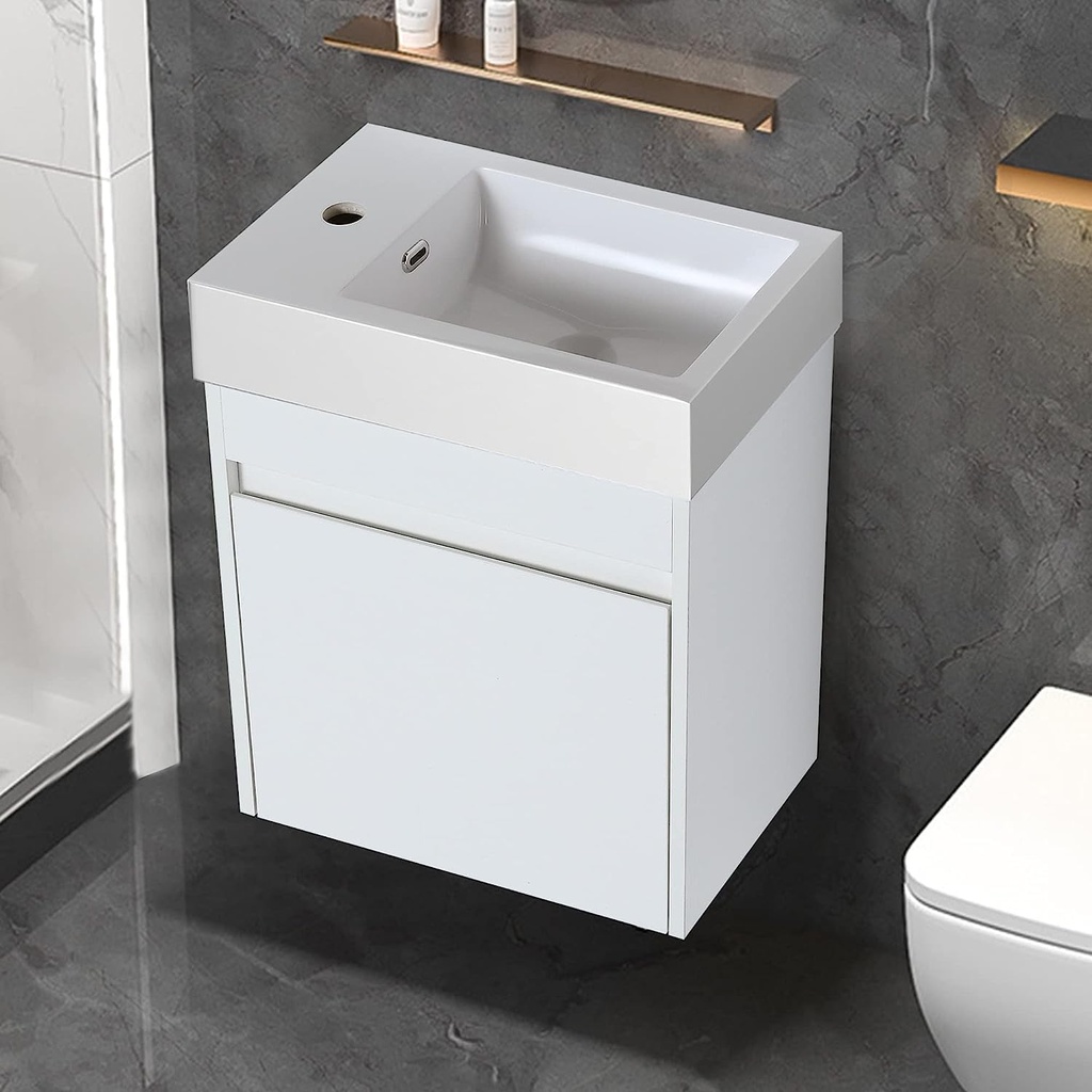 Floating Bathroom Vanity with Sink Combo for Small Space, 18" Wall Mounted Bath Storage Cabinet Vanity Set with Wood Door and Resin Basin, Modern White