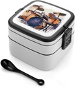 Jazz Drum Bento Box Adult Lunch Box All-in-One Lunch Containers with Removable Compartments Double Layer Bento Lunch Box with Spoon And Handle Stackable Lunchbox