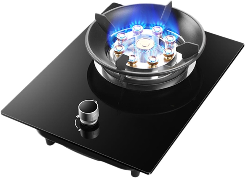 Gas Stove 1 Burner, 5.2KW 9-Cavity Fire Ring Wok Burner, Black Tempered Glass Countertop for Cooking, with Flameout Protection (Size : NG)