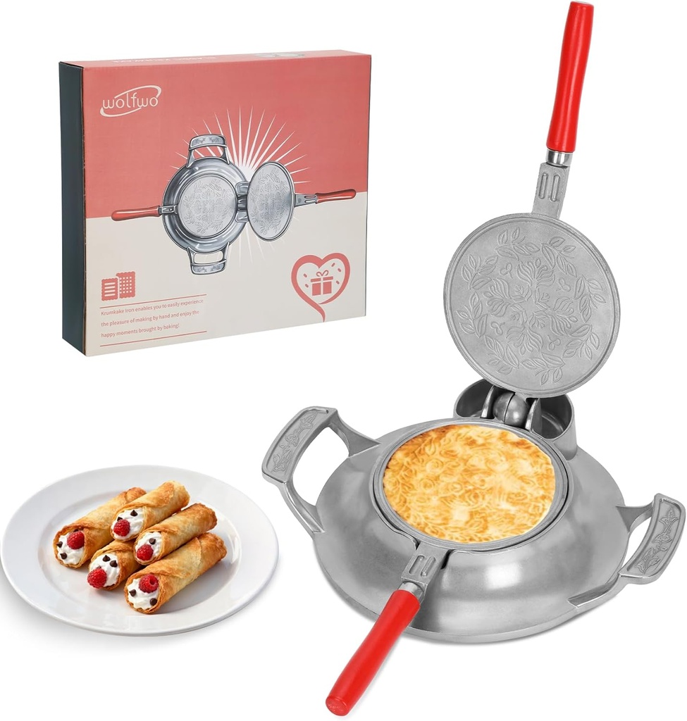 Wolfwo Traditional Rotating krumkake Iironr & Thin European-style waffles, Pizzelle Iironr Suitable for Gas Stoves,Electric furnace, Wood Cones, Perfect for Handcrafted Home Baking, Cast Aluminum