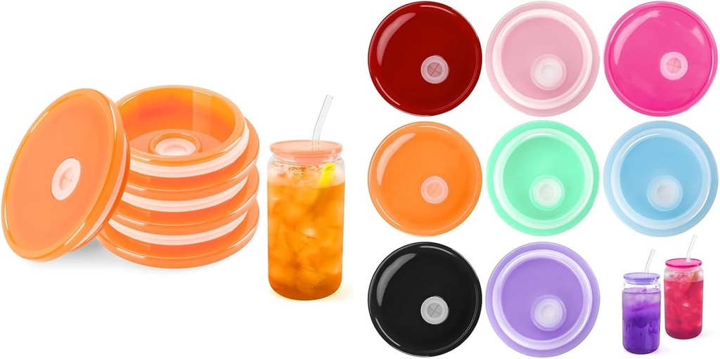 Joyclub A Bundle of 12 Pack Acrylic Lids for 16 oz Glass Cups with Bamboo Lids and Straws Reusable Iced Coffee Cup Beer Can Drinking Glasses for Smoothie Whiskey Boba Soda Tea Gift