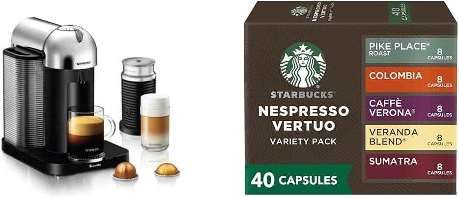 Nespresso Vertuo Coffee and Espresso Maker by Breville, Chrome with Aeroccino Milk Frother + Starbucks Capsules, Vertuo Line