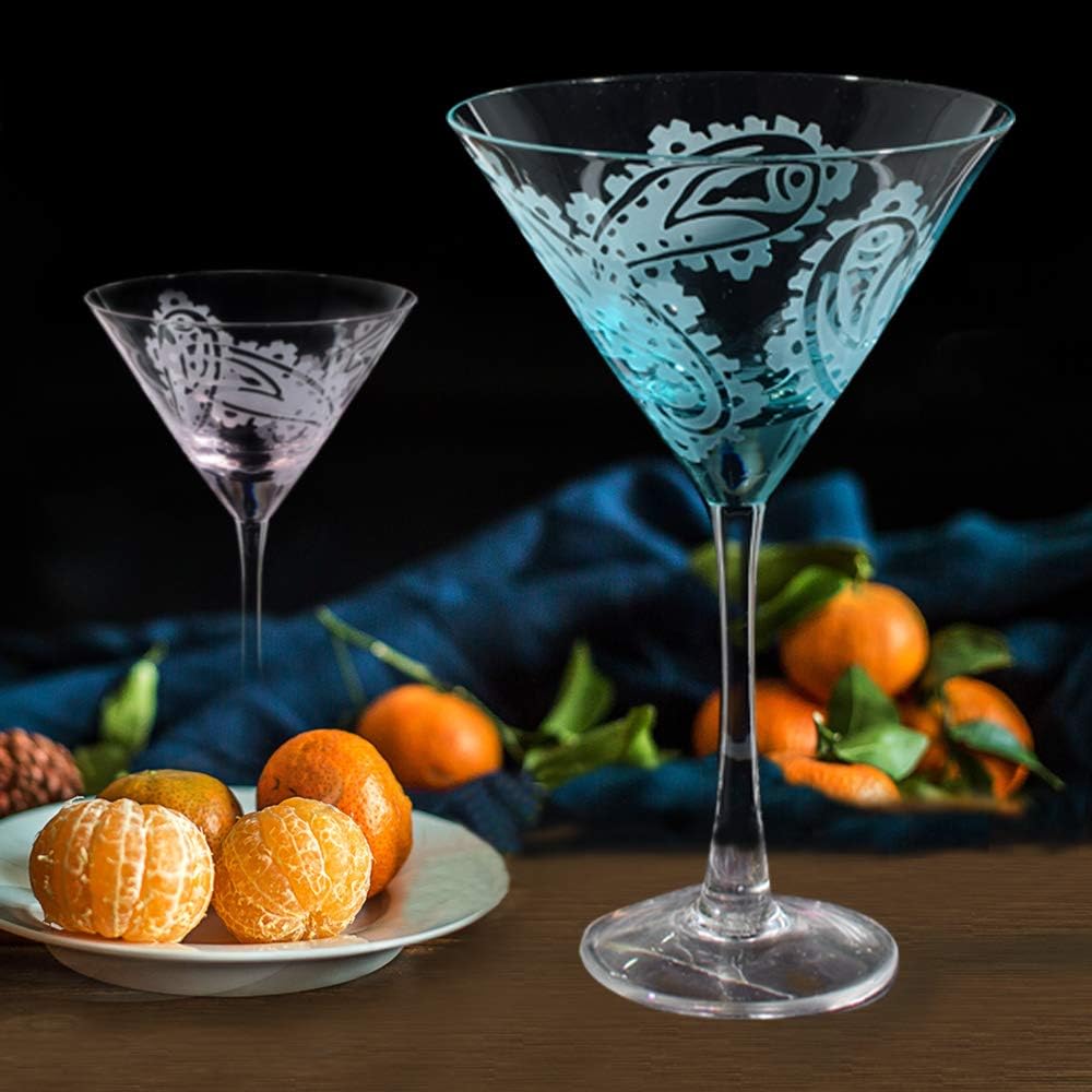 Set of 2 Etched Stemmed Cocktail Glass, Unique Wine Glass, Fantastic Gift for Party Favors (Mixed Color(Set of 2))