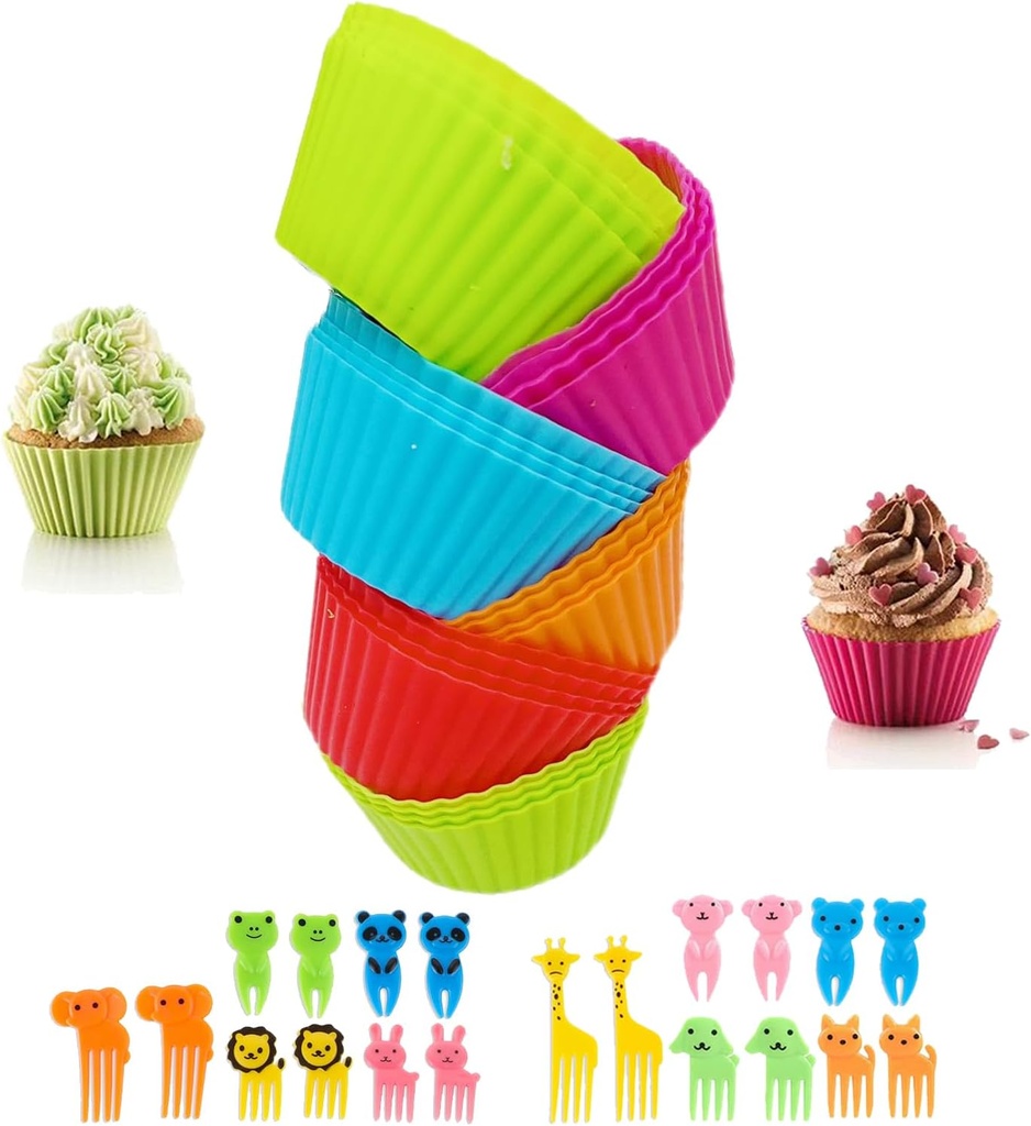 44 Pcs Silicone Lunch Box Dividers Set, Includes 24 Reusable Silicone Round Baking Cups and 20 Cute Animal Food Picks, Non-stick Muffin Cupcake Liners for Party