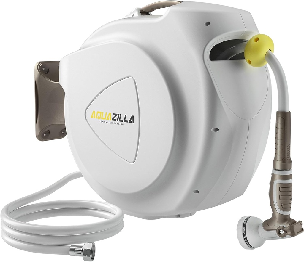 Retractable Garden Hose Reel, 5/8 in 65+6 ft, Heavy Duty Wall Mounted Water Hose Reel, Spring Power Automatic Rewind, Any Length Lock, 180° Swivel Bracket, 10 Pattern Spray Nozzle