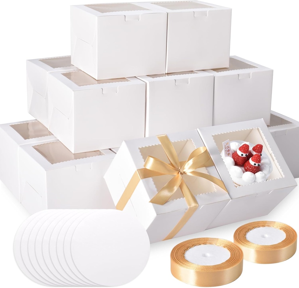 KPOSIYA 40pcs 6x6x5 inch Mini Cake Boxes with Cake Boards (20 Boxes & 20 Boards), 6 inch Small Cake Boxes with Lids，Cajas de mini pastel Bakery Boxes with Window for Christmas Thanksgiving