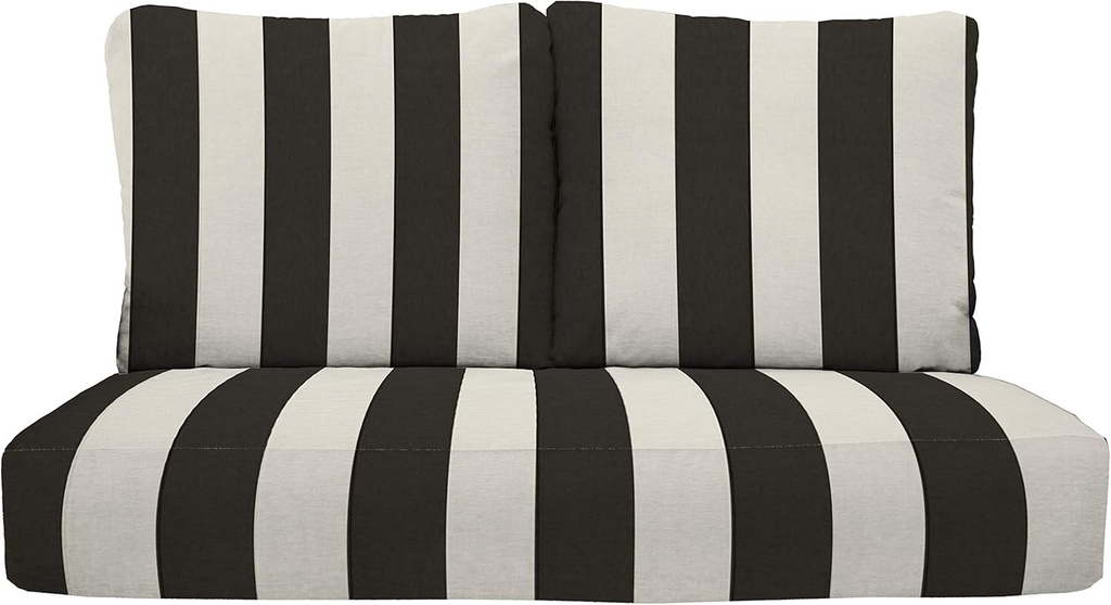 RSH DECOR: Deep Seating Loveseat Cushion Set | 46” x 26” Loveseat | All-Weather Spun Fabric | Outdoor Foam Settee and Pillow Back Cushions for Patio Furniture | Black & White Stripe
