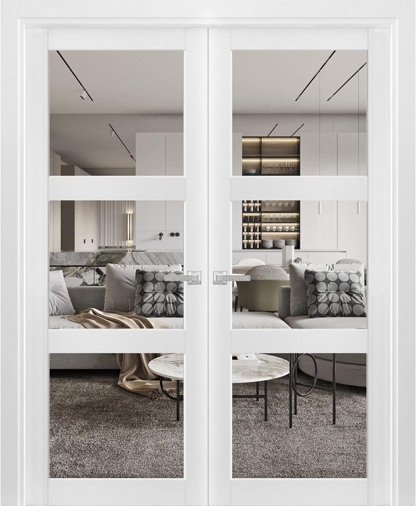 SARTODOORS Interior Solid French Double Doors 64 x 80 inches Clear Glass | Lucia 2555 Matte White Wood Panel Frame Trims Closet Bedroom Sturdy
