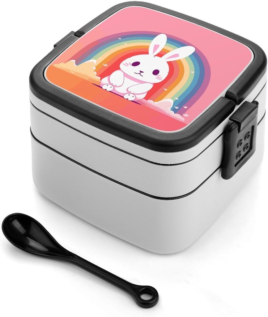 Rabbit And Rainbow Bento Box for Adults Double Layer Lunch Box with Spoon And Invisible Handle Microwave Dishwasher Safe Leak Proof Meal Prep Lunch Containers for Office Picnic
