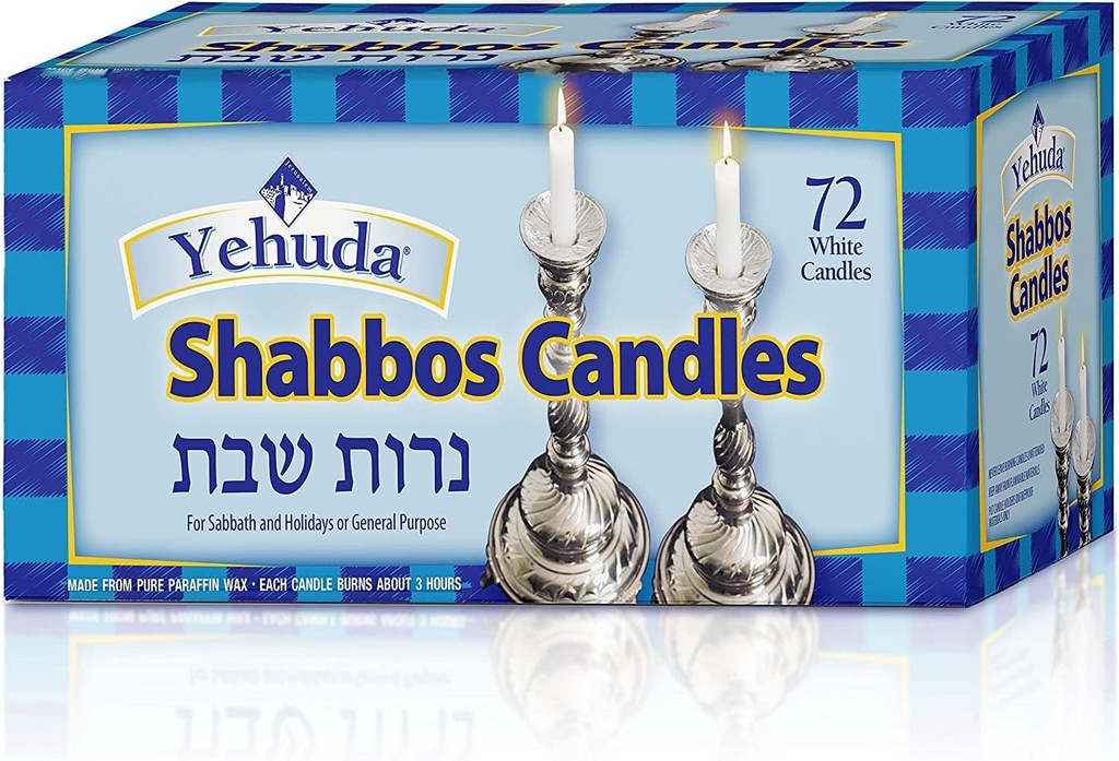 Yehuda 3 Hour White Shabbos Candles (72 Count) Traditional Shabbat Dinner Table Household Candles