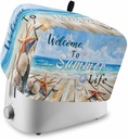 Coastal Beach Toaster Cover 2 Slice, Summer Ocean Wave Starfish Shell Plank Dustproof Bread Machine Oven Cover with Storage Pockets, Fits Most Kitchen Toasters Protector