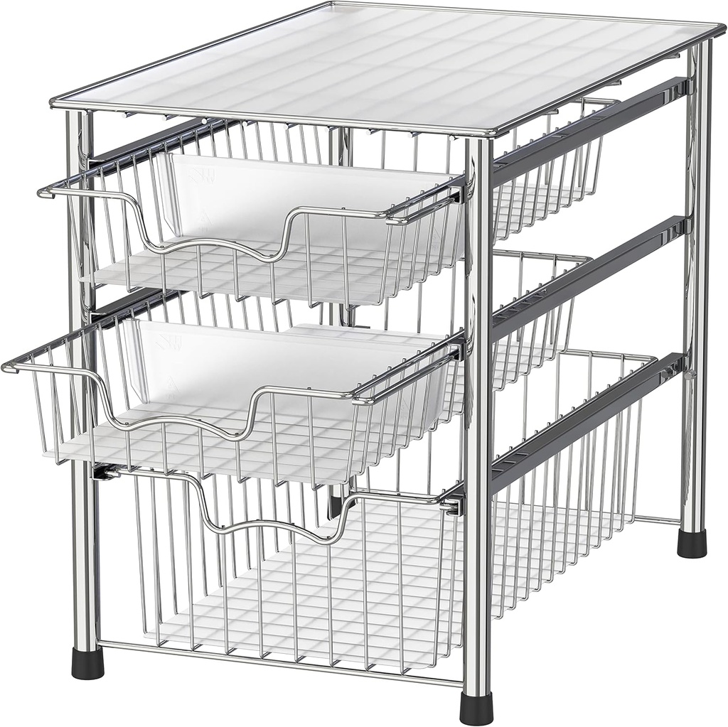 Simple Houseware Stackable 3 Tier Sliding Basket Organizer Drawer, Chrome