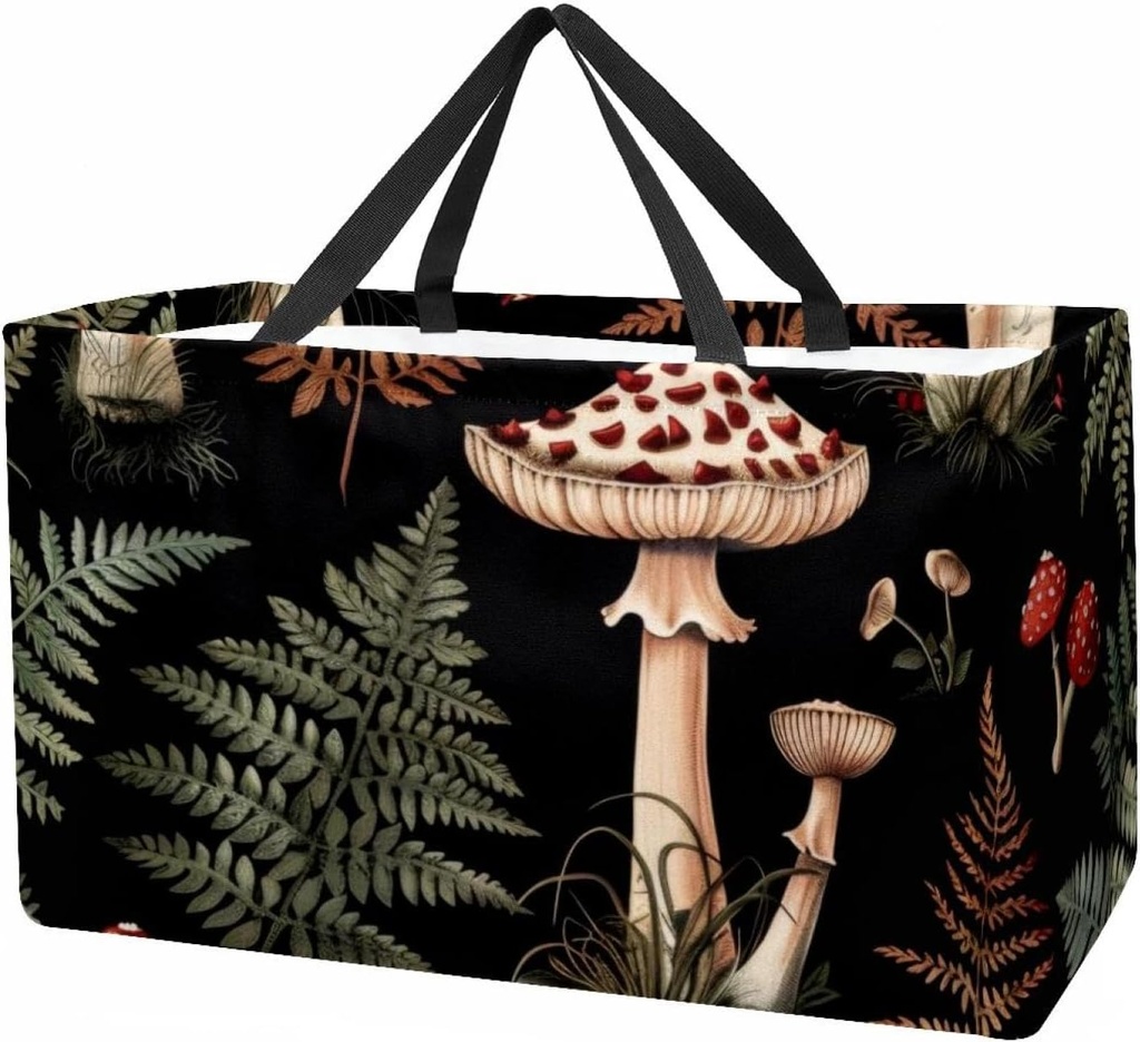 Reusable Grocery Bag Heavy Duty Shopping Tote Bag Foldable with Reinforced Handle, Cute Mushroom Forest Plants