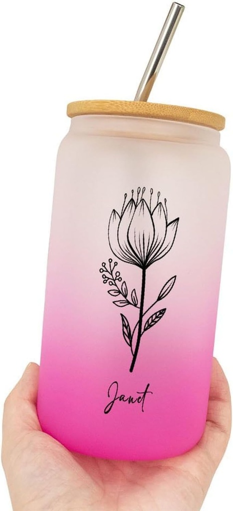 16 Oz Iced Coffee Tumbler Customized Birth Flower Glass Coffee Cup with Lid And Straw - Reusable Tea Cups Can Shaped Glass W/Lids Straws - Women's Day Gifts for Colleague