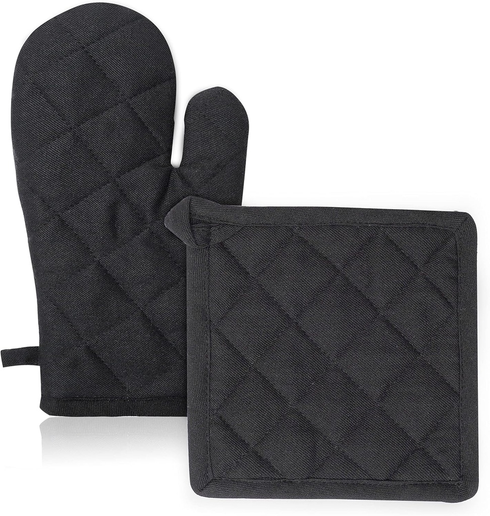Cotton Oven Mitt & Pot Holder Heat Resistant, Kitchen Mitt Pair Protect Hands, Strong Grip Potholders for Hot Pans (Black PH&G)