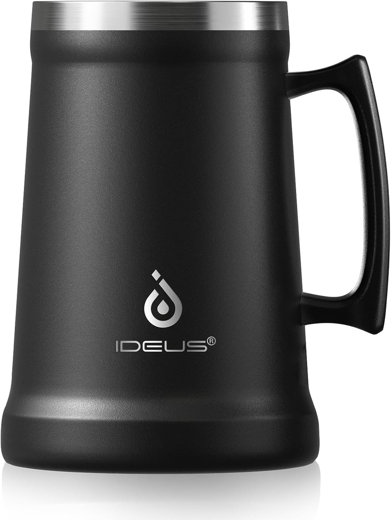 Ideus Insulated Beer Stein, 24/32oz Stainless Steel Double Walled Beer Mug Giant Bar Drinkware Metal Beer Cup with Big Grip Handle (34oz (1,000ml), Black)