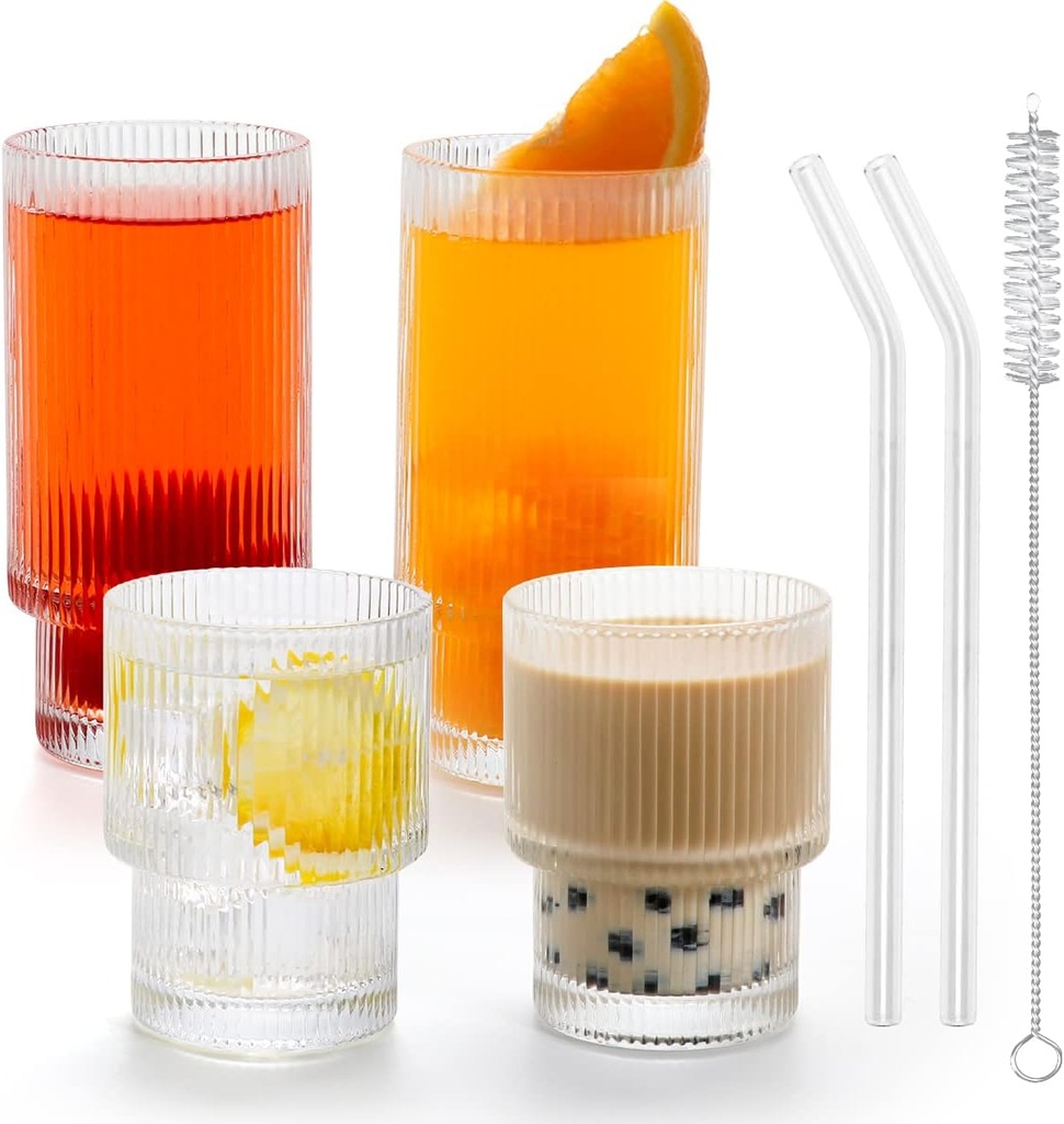 Ribbed Drinking Glasses, Origami Style Glass Cup Set of 4, Ripple Vintage Glassware for Cocktail Coffee Soda Juice Beer