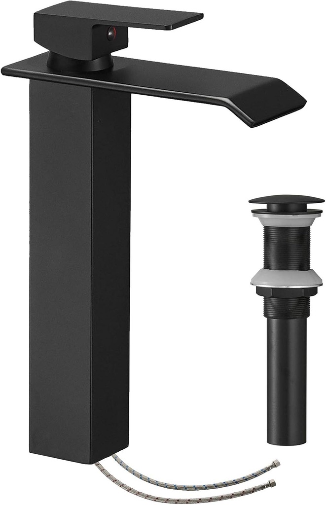 Matte Black Bathroom Faucet Vessel Sink Bowl Faucet Tall with Pop Up Drain Assembly Single Handle Single Hole Vanity Lavatory Deck Mount Supply Lines Hose