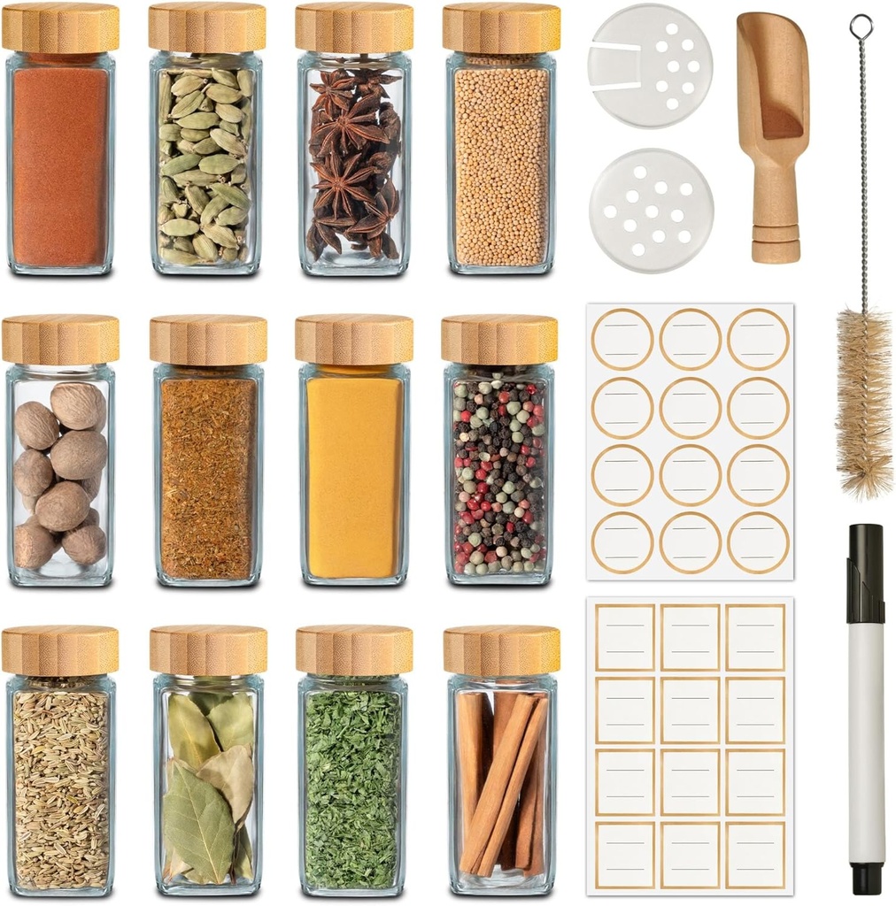 12Pcs Glass Spice Jars with Label - Square Spice Containers 4 oz - Includes Cleaning Brush & Wooden Spoon - Seasoning Jars
