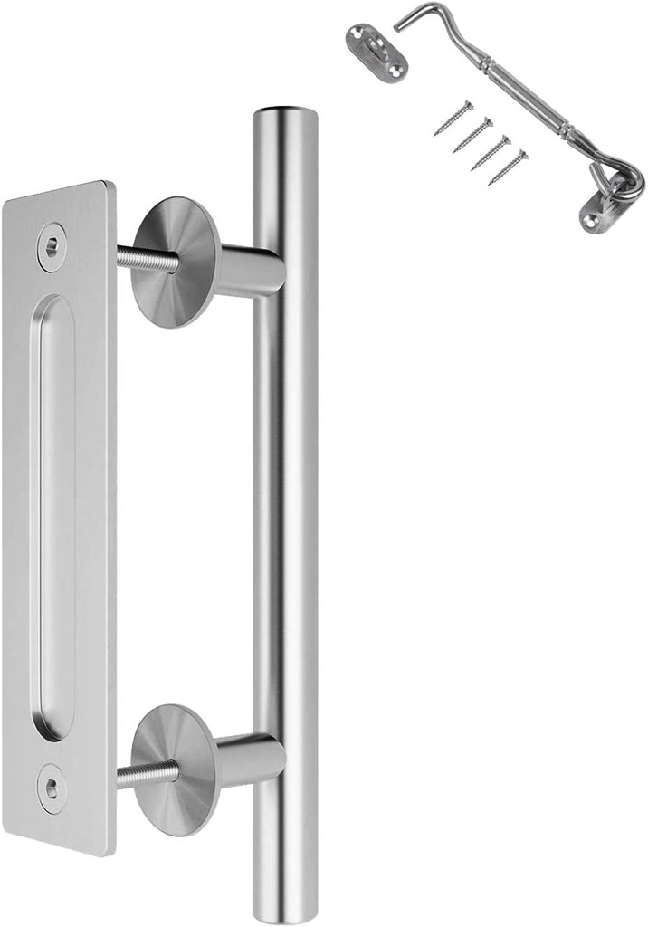 SEIDO Heavy Duty 10 Inches Pull and Flush Barn Door Handles Set, Large Rustic Two-Side Design, for Gates Garages Sheds Furniture, Satin Stainless Steel Finish, with Latch