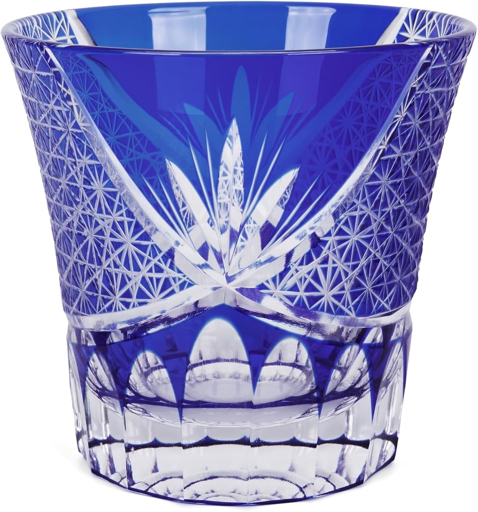 Edo Tokyo Kiriko Whiskey Glasses- Japanese Style Luxury Handcrafted High Transparency Crystal Royal Lucky Blue Pattern Crystal Cocktail Tumbler- Gift for Men, Scotch,Wine and Rum Lovers-1 Cup