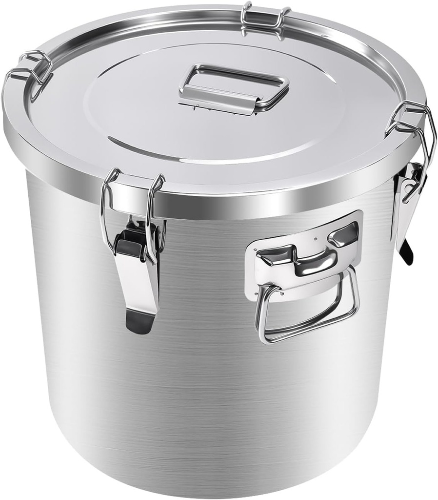 304 Stainless Steel Airtight Canister, 25lb Rice Storage Container 16L/4.2 Gal Metal Cereal Bucket Storage with Lids and 4 Locking Clamp for Bean Flour Oil Sugar Milk Coffee Canister