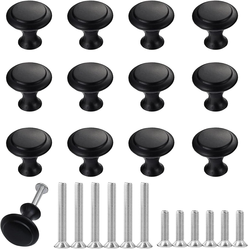12PCS Cabinet Knobs, Black Cabinet Pulls Cabinet Knobs Inway, Round Drawer Knobs Cabinet Hardware with Screws, for Kitchen Bedroom Furniture