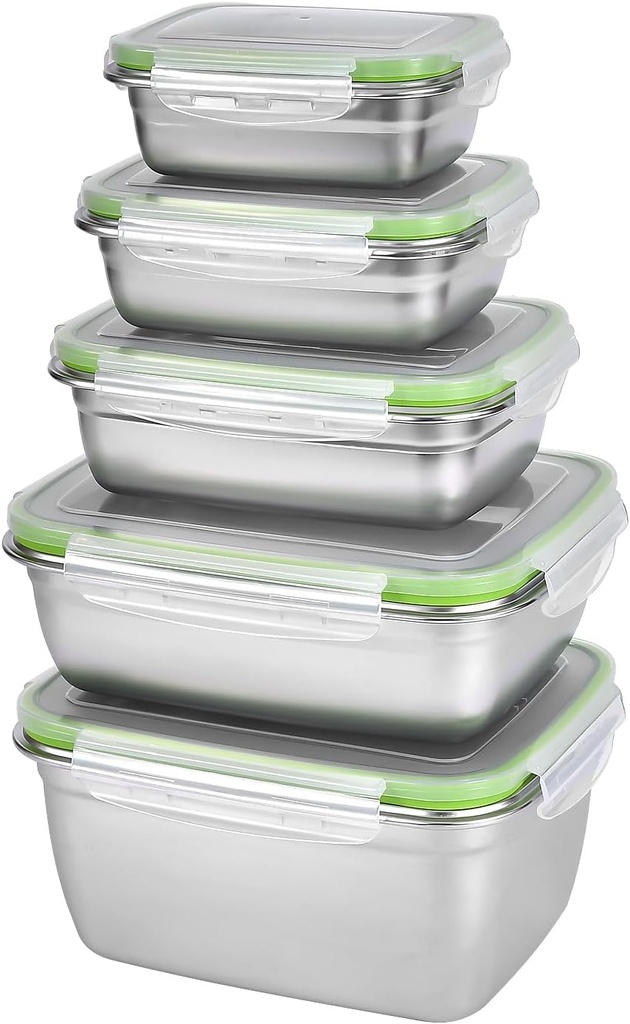 UPTRUST Stainless Steel Food Storage Containers | Leak Proof & Airtight Lids | Set of 5 Containers, Dishwasher & Freezer Safe, Green