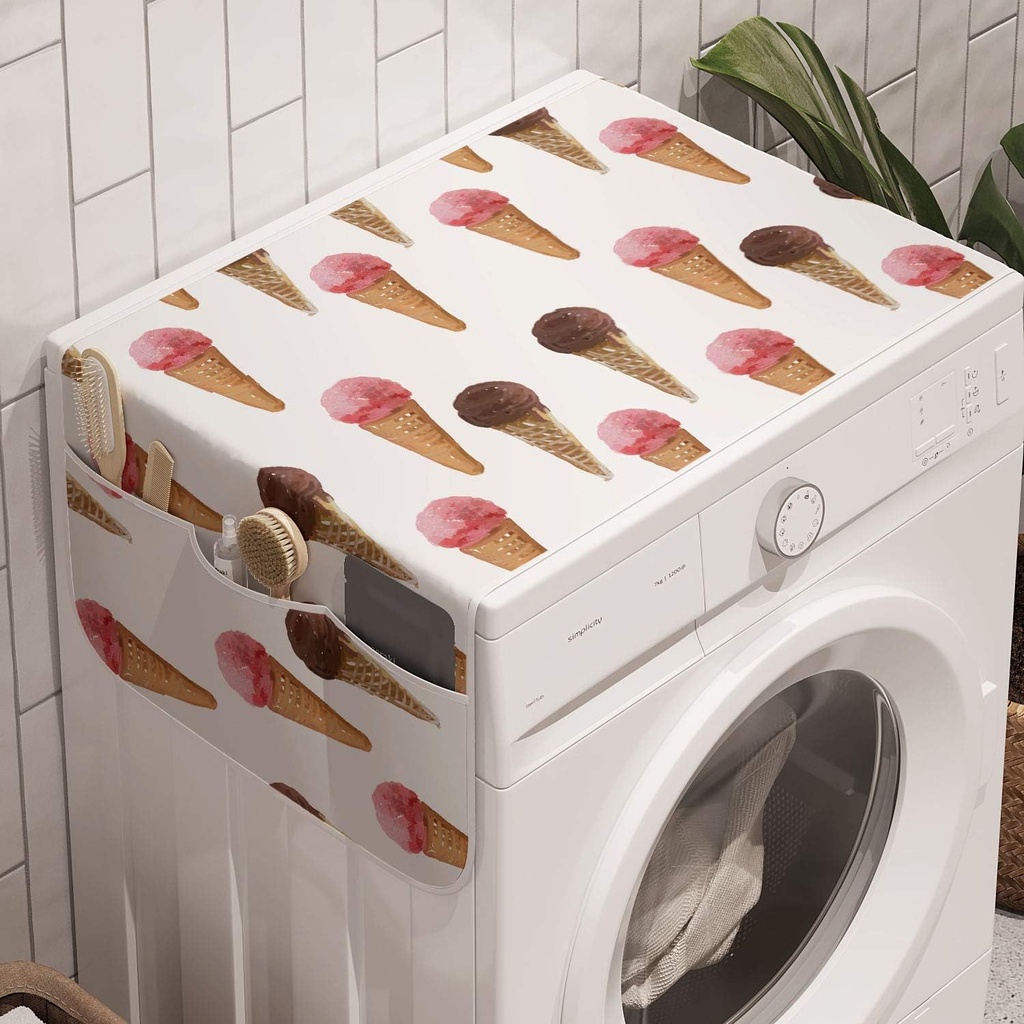 Lunarable Ice Cream Washing Machine Organizer, Oil Painting Style Strawberry Sundae Chocolate Flavor in Waffle Cones, Anti-slip Fabric Cover for Washers and Dryers, 47" x 18.5", Brown Pale Brown Pink